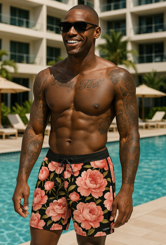 Rose Bloom Swim Shorts – Noir Edition