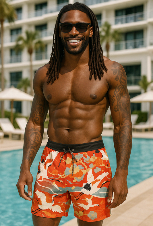Crane Flight Swim Shorts – Sunset Red Edition