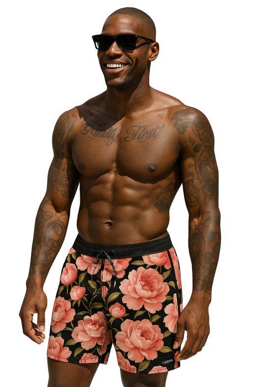Rose Bloom Swim Shorts – Noir Edition