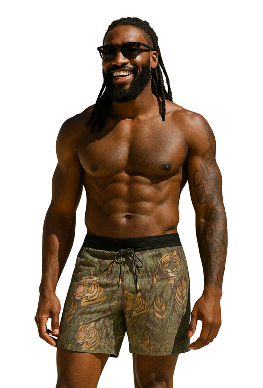 Jungle Tiger Swim Shorts – Olive Edition