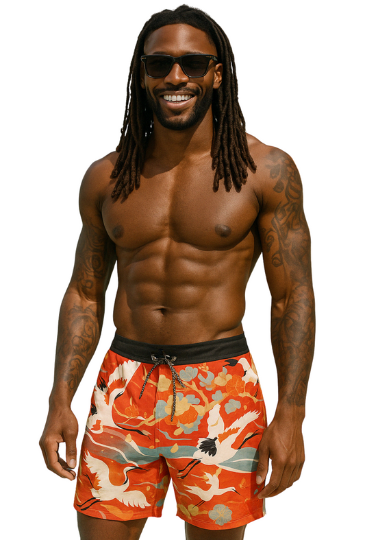 Crane Flight Swim Shorts – Sunset Red Edition