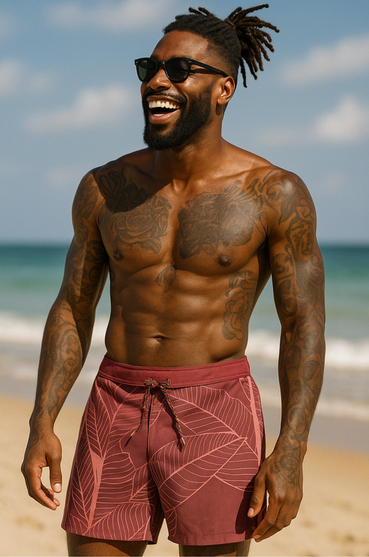 Tropical Leaf Swim Shorts – Maroon Edition