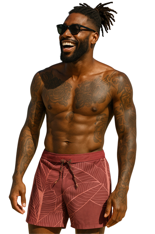 Tropical Leaf Swim Shorts – Maroon Edition