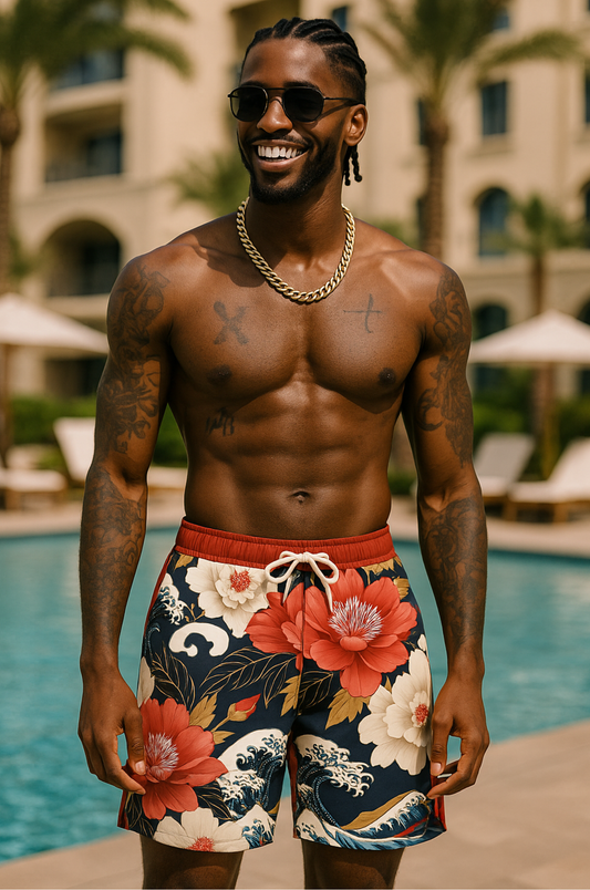 Ocean Bloom Swim Shorts – Red Hibiscus Edition
