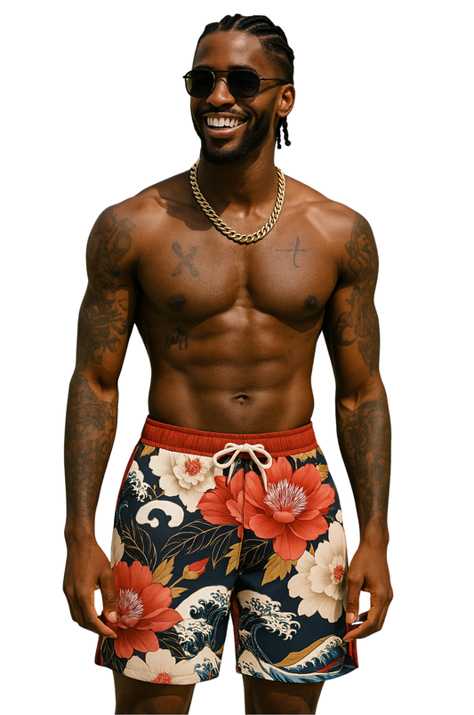 Ocean Bloom Swim Shorts – Red Hibiscus Edition