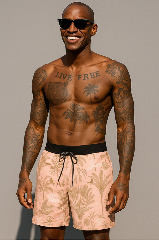 Palm Paradise Swim Shorts – Blush Edition