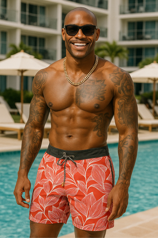 Tropical Leaf Swim Shorts – Sunset Red Edition