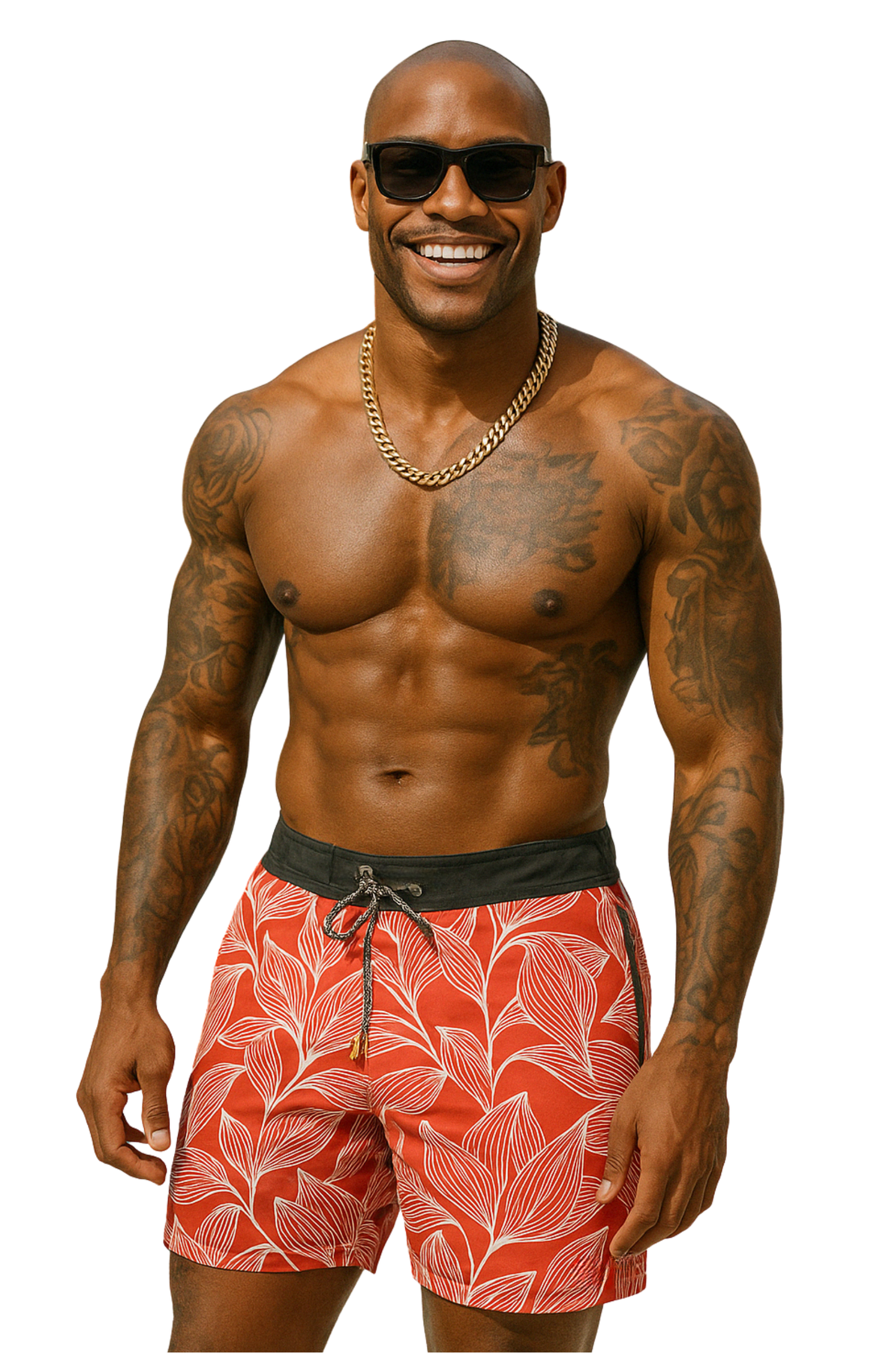 Tropical Leaf Swim Shorts – Sunset Red Edition