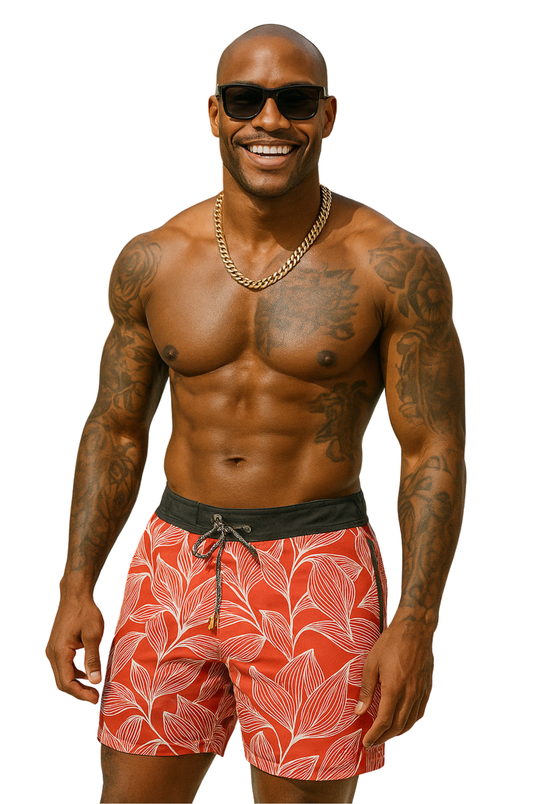 Tropical Leaf Swim Shorts – Sunset Red Edition