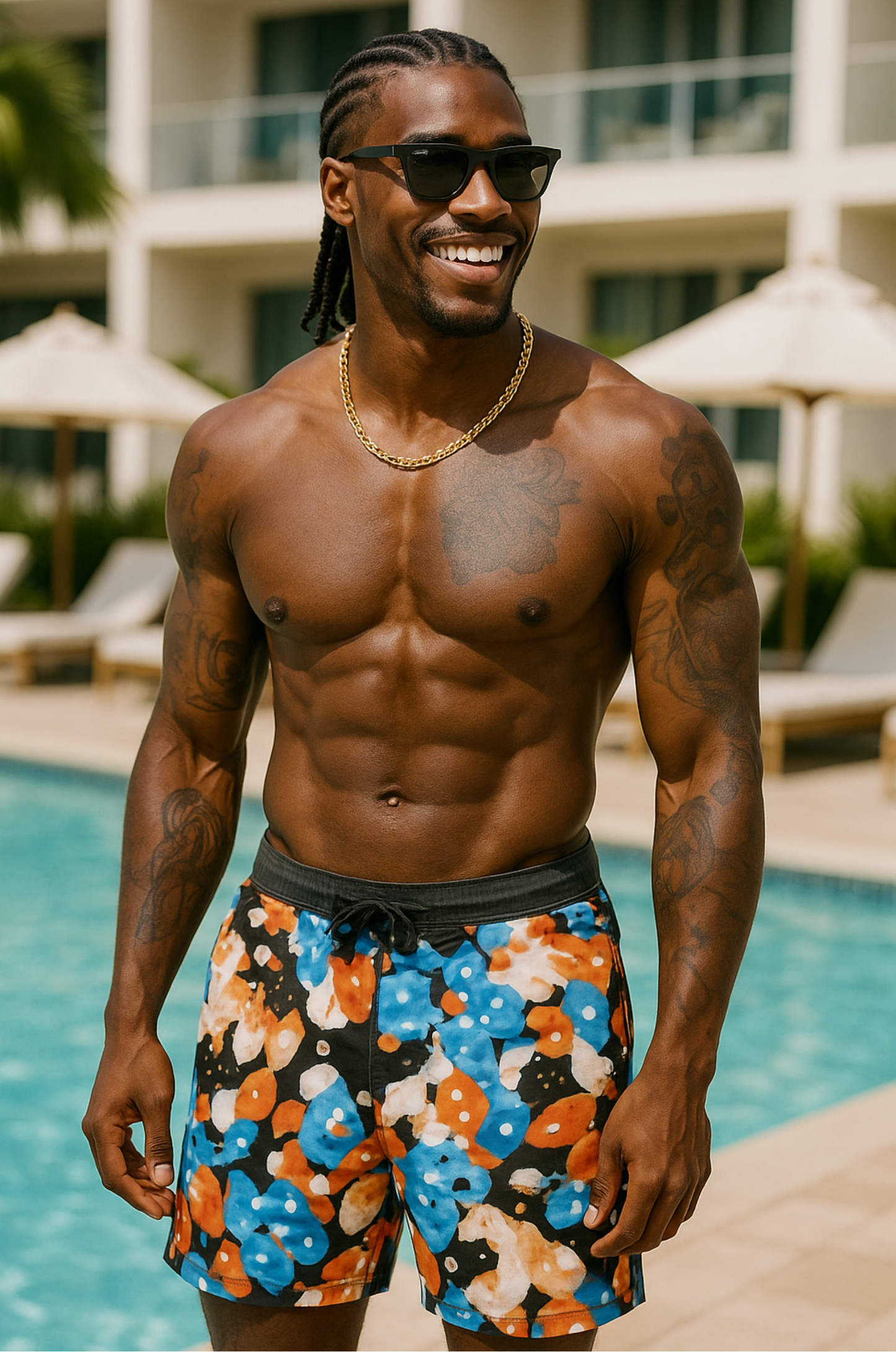 Abstract Splash Swim Shorts – Blue & Orange Edition