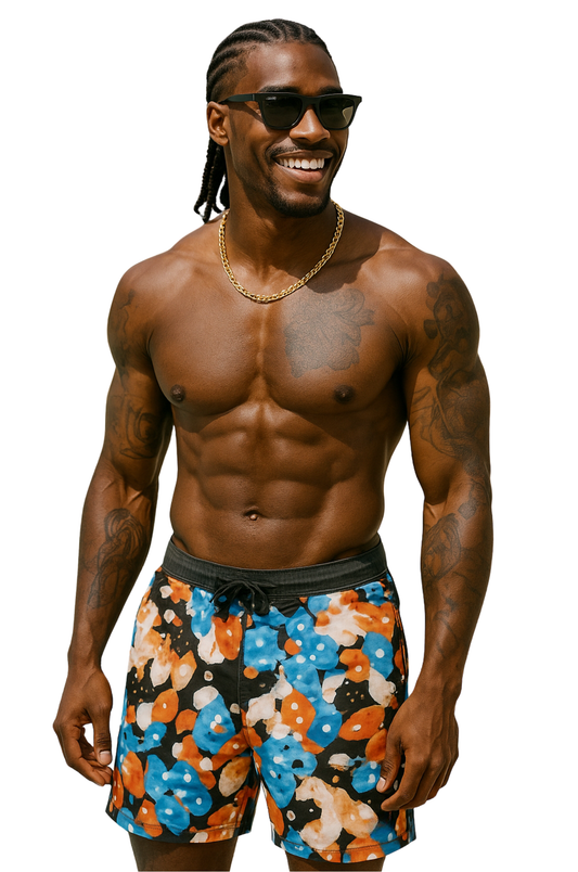 Abstract Splash Swim Shorts – Blue & Orange Edition