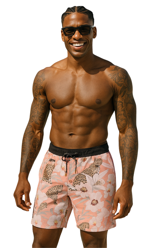 Leopard Bloom Swim Shorts – Peach Floral Edition