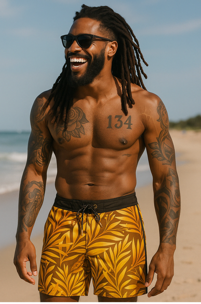 Golden Tropics Swim Shorts – Mustard Leaf Edition