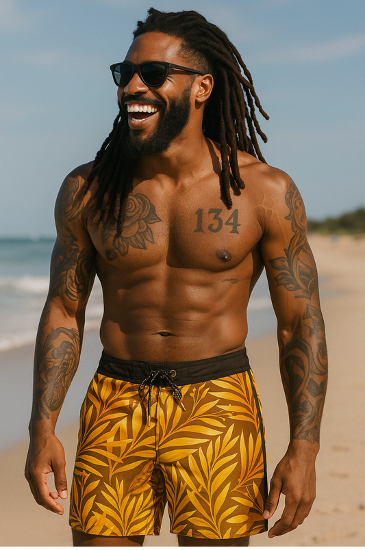 Golden Tropics Swim Shorts – Mustard Leaf Edition