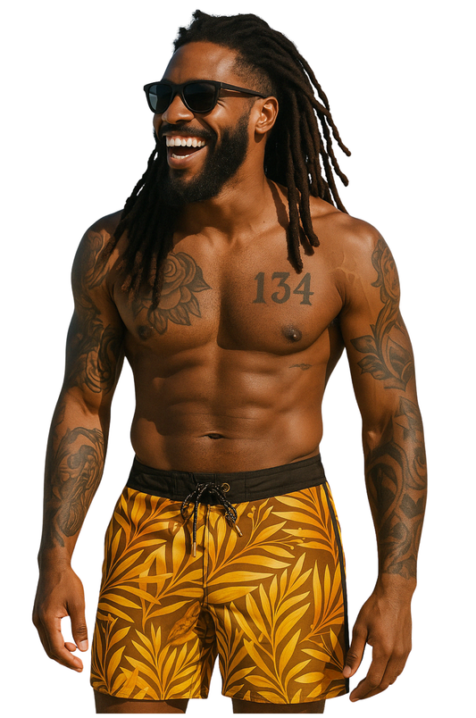 Golden Tropics Swim Shorts – Mustard Leaf Edition