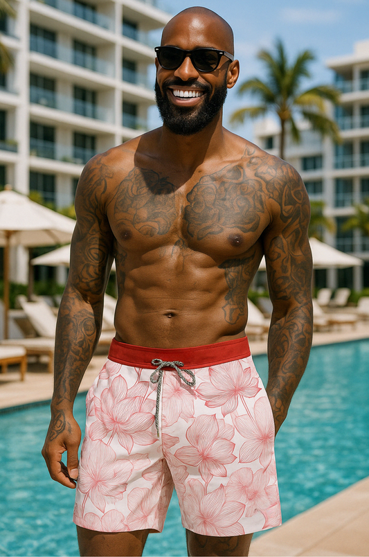 Crimson Bloom Swim Shorts – Red Floral Edition