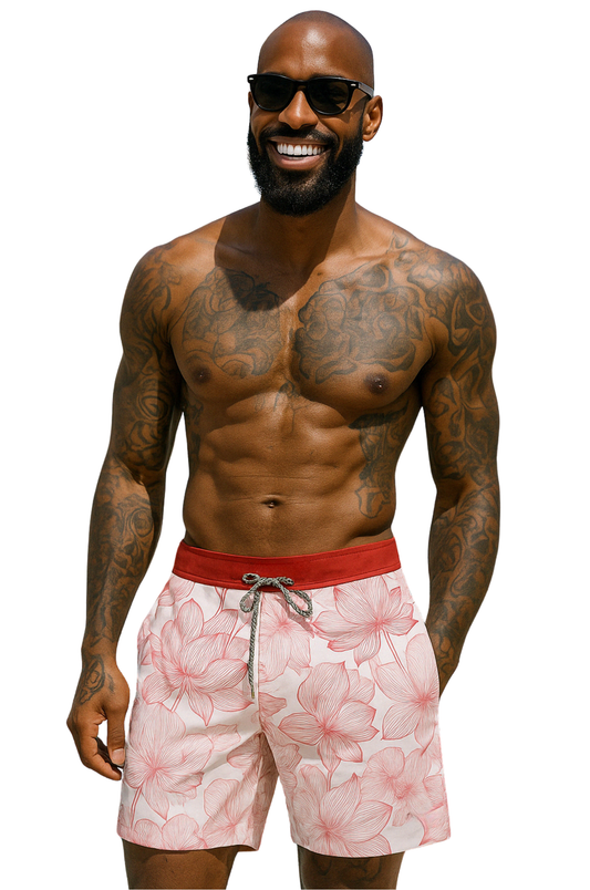 Crimson Bloom Swim Shorts – Red Floral Edition
