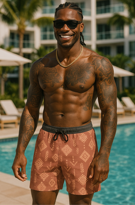 Tribal Rust Swim Shorts – Geometric Edition
