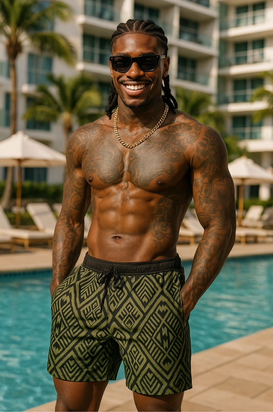 Tribal Green Geometric Swim Shorts