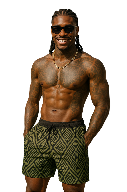 Tribal Green Geometric Swim Shorts