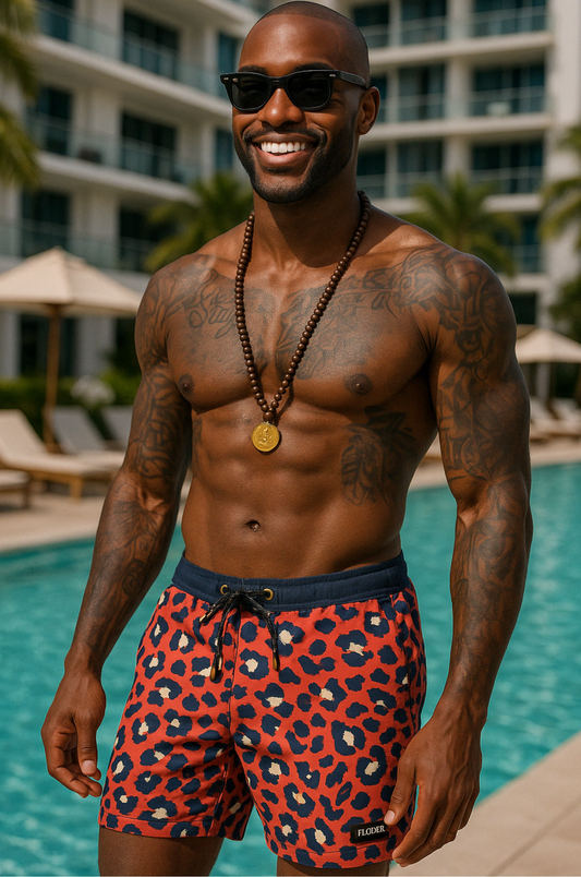 Red Cheetah Print Swim Shorts
