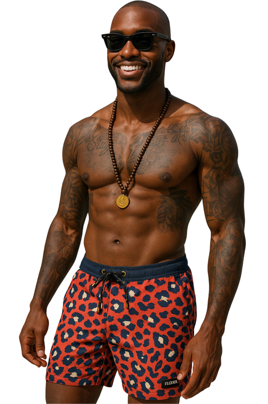 Red Cheetah Print Swim Shorts